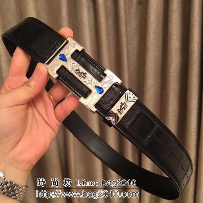愛馬仕HERMES 純手工美洲鱷魚無拼接肚皮 專櫃鑲鑽藍寶石 高端男士皮帶 HHG1373